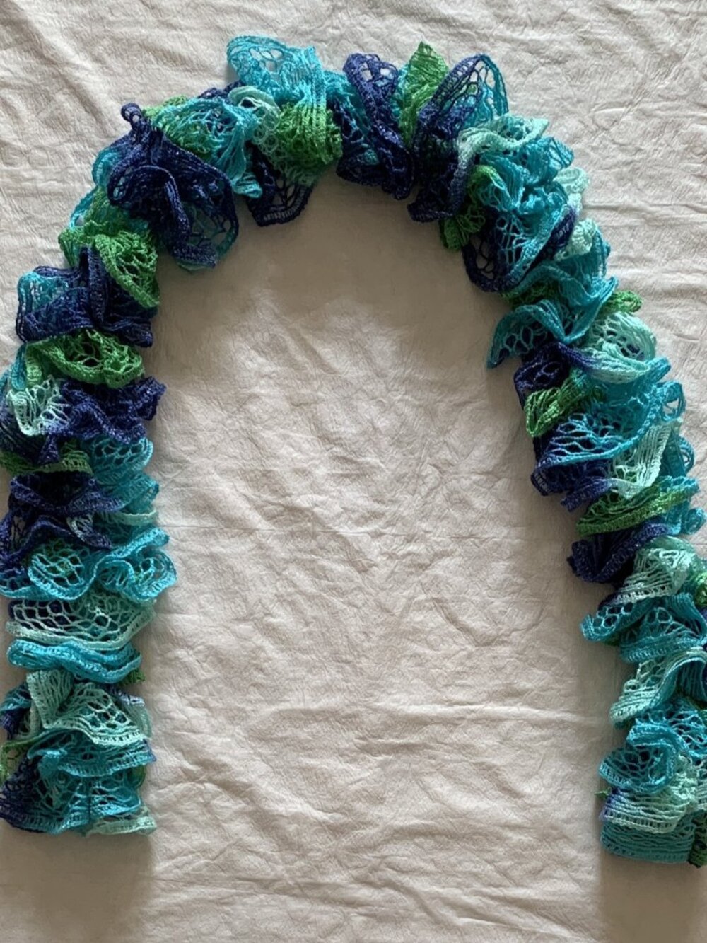 Vintage Ruffle Frilly Scarf - Aqua/Teal/Green/Blue - ~50 Inches Length